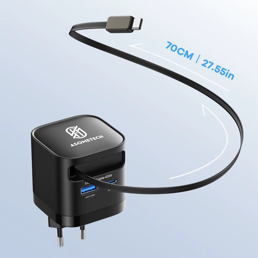 ASOMETECH 65W GaN USB-C Schnellladegerät mit EU-Stecker in Schwarz - Bild 4