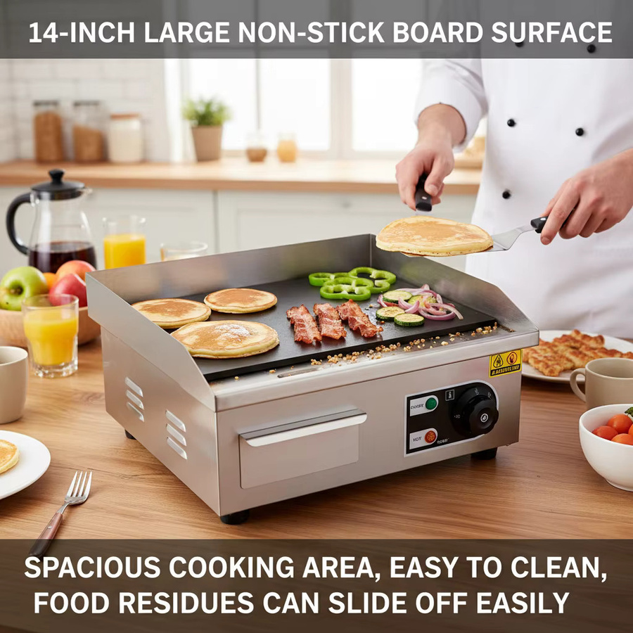 Bymaocar Elektrische Grillplatte aus Edelstahl mit 2000W Leistung, 14 Zoll, Silber, Einstellbare Temperatur 122-572°C - Bild 4