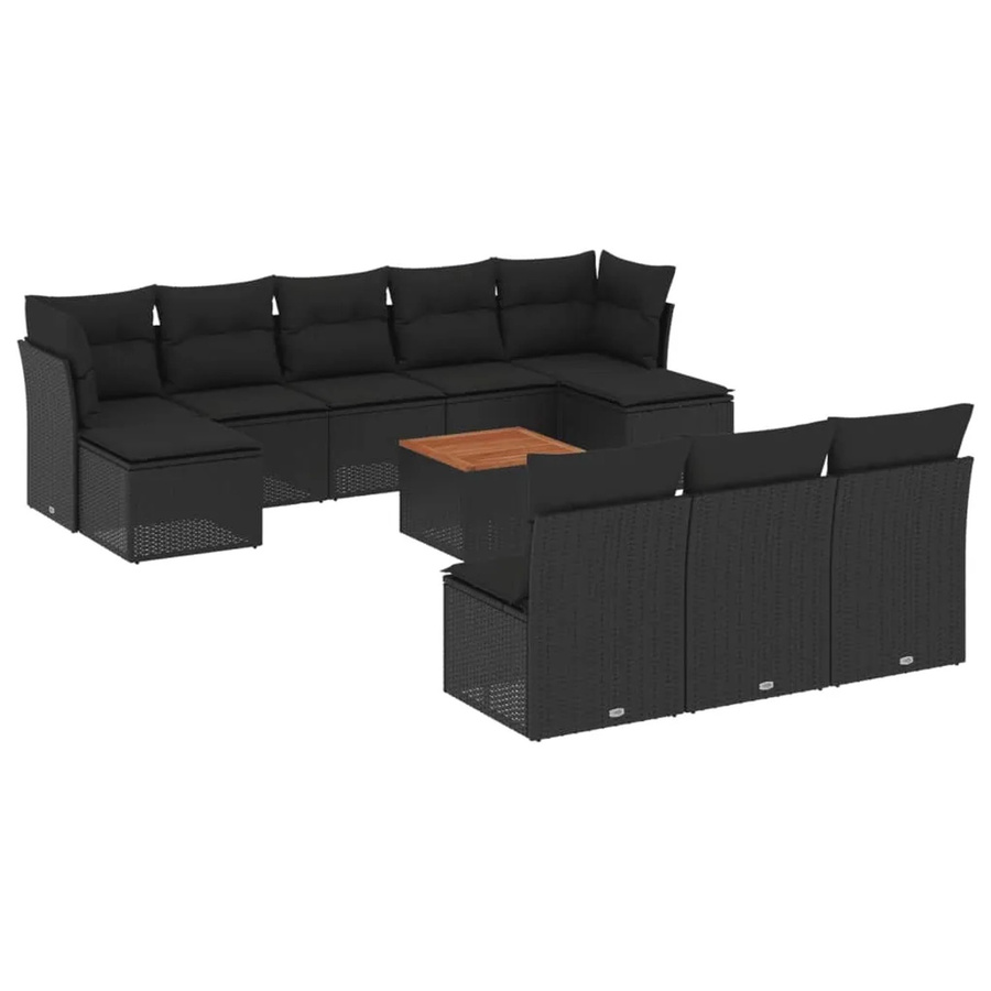 vidaXL 11-tlg Garten-Sofagarnitur in L-Form aus Poly-Rattan und Akazienholz mit Kissen, Schwarz - Bild 2