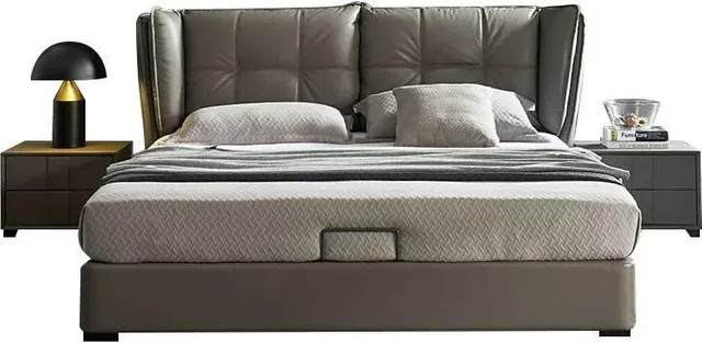 Minimalistisches gepolstertes Doppelbett aus Leder in Grau mit mattem Finish - Bild 1