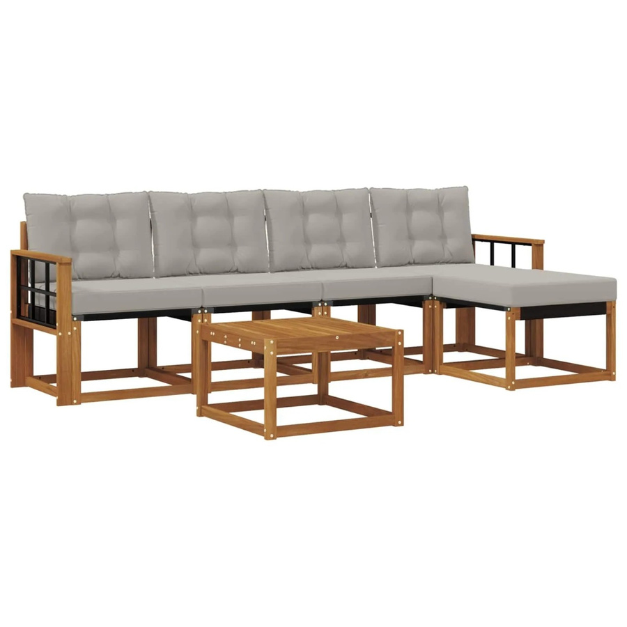 vidaXL Outdoor-Sofagarnitur 6-teilig aus Akazienholz und Textilene in Natur und Hellgrau mit Kissen und Armlehnen - Bild 2