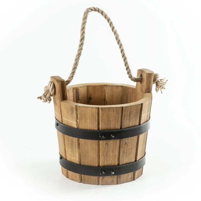 HolzFee Pflanzkübel rustikal aus Kiefernholz in Braun mit Seilgriff und Ösen, Durchmesser: 25 cm, Höhe: 20 cm - Bild 1