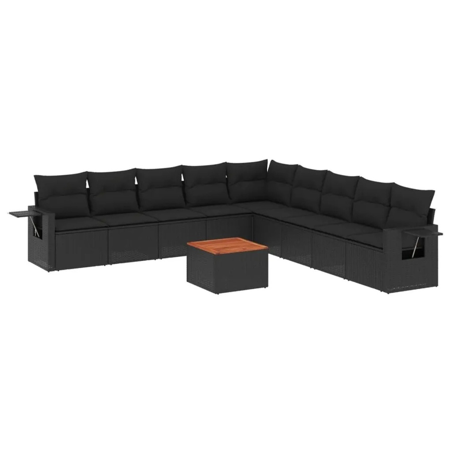 vidaXL 10-tlg. Garten-Sofagarnitur in L-Form aus Polyrattan und Akazienholz mit Kissen, Schwarz - Bild 2