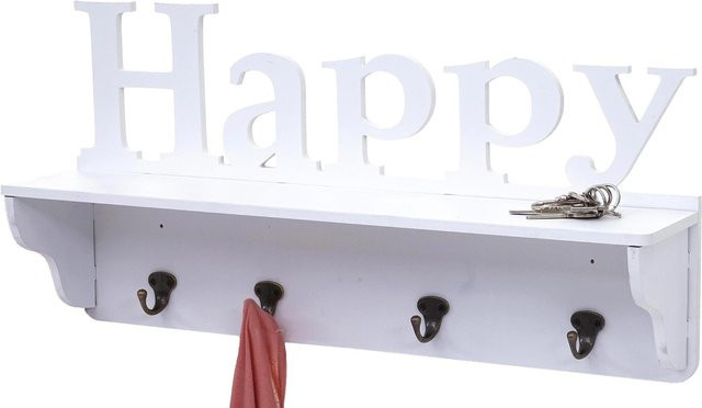 Wandgarderobe MCW D41 Happy aus massivem Kiefernholz mit 4 Haken, Weiß, B: 60 cm, H: 30 cm, T: 13 cm - Bild 1