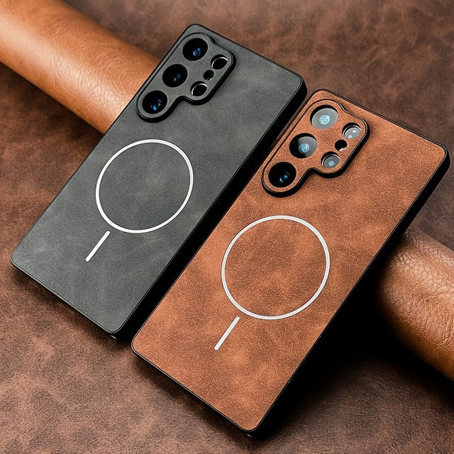 Luxuriöse magnetische Leder-Handyhülle für Samsung Galaxy S26 Ultra S25 S24 Plus S23 S22 S21 FE mit MagSafe und Linsenschutz in Schwarz - Bild 1