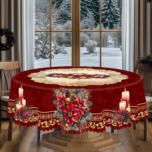 JINGYUE Pet Weihnachts-Tischdecke im Vintage-Bauernhaus-Stil mit Weihnachtsmann, Rentier und Weihnachtsbaum, Farbe: Rot, Durchmesser: 180 cm - Bild 1