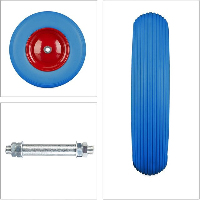 Relaxdays Schubkarrenrad mit Achse aus PU-Gummi und Stahl, Blau-Rot, Durchmesser: 39 cm, Breite: 9 cm - Bild 1