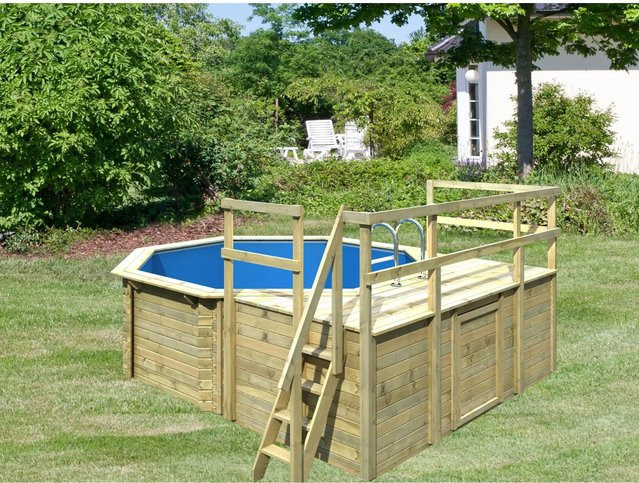 Karibu Aufstellpool Set mit Skimmer und drei Sonnenterrassen in Blau und Grau - Bild 1