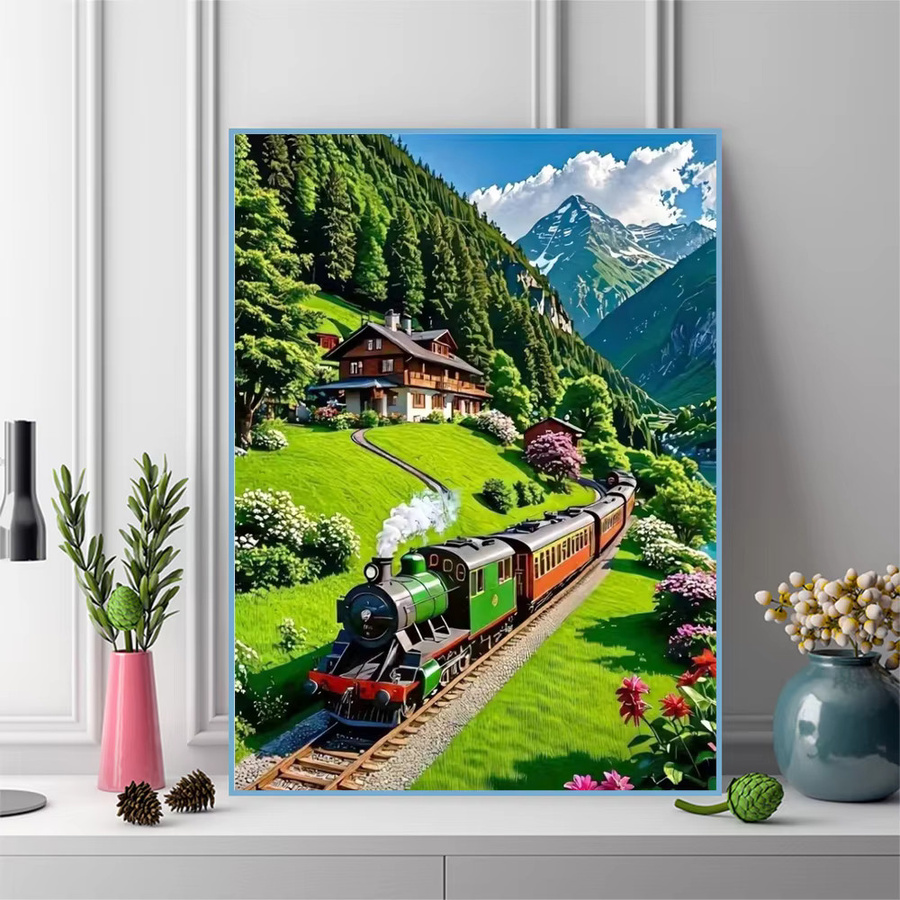 Momoart Diamantmalerei Zug-Landschaft DIY Diamant-Mosaik mit runden Steinen in Multicolour - Bild 3
