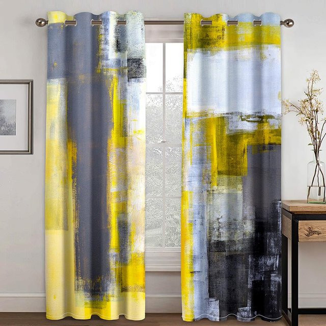 Yiran Furniture Vorhangset mit 3D-Abstrakt-Design und geometrischer Schattierung, 2er-Set, Gelb, Polyester, B: 100 cm, H: 130 cm - Bild 1