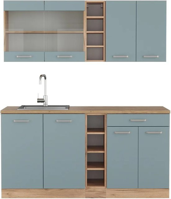 Vicco R-Line Singleküche modern in Blau-Grau und Goldkraft Eiche, B: 160 cm, H: 81,6 cm, T: 60 cm - Bild 1