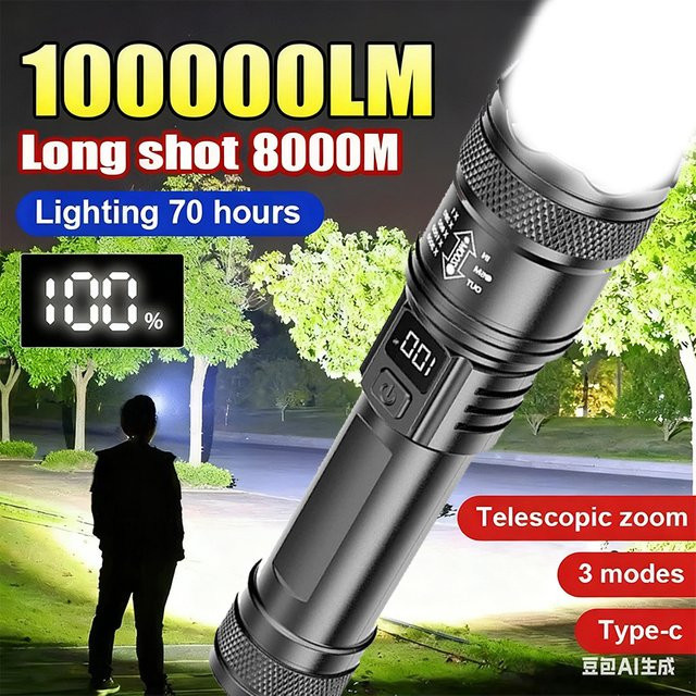 KDULIT Ultrahelle LED-Taschenlampe in Schwarz, wiederaufladbare Taschenlampe mit Display und Zoomfunktion aus Aluminium für Camping, Wandern und Notfälle - Bild 1