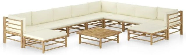 vidaXL 11-teiliges Garten-Lounge-Set aus Bambus mit cremeweißen Kissen - Bild 1