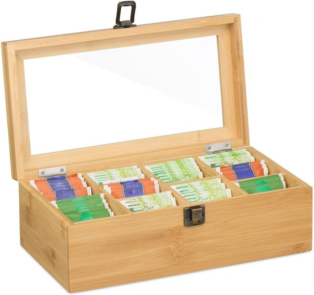 Relaxdays Teebox aus Bambus mit 10 Fächern und Sichtfenster in Natur Braun, B: 29,5 cm, T: 10 cm, H: 17 cm - Bild 1