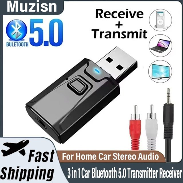 Muzisn 3-in-1 Bluetooth 5.0 Adapter Schwarz: USB und 3,5 mm AUX Sender und Empfänger mit Mikrofon für TV, PC, Kopfhörer und Auto - Bild 1