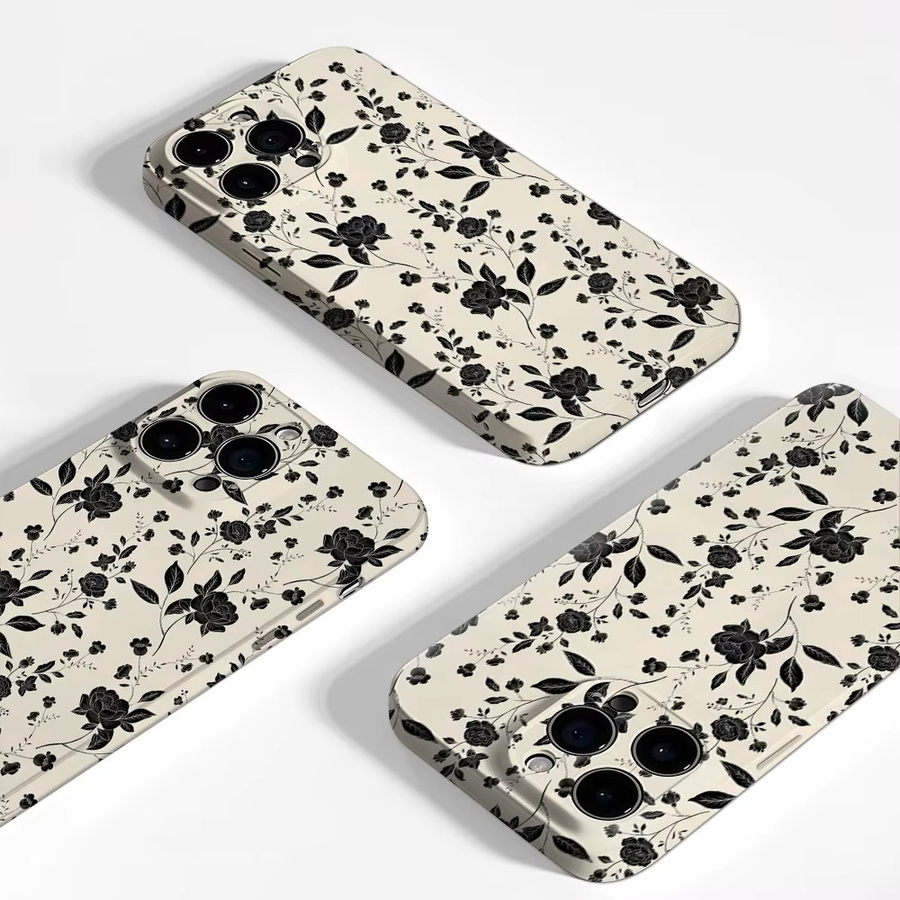 Potdemiel Vintage-Handyhülle mit schwarzem Blumenmuster für iPhone 17 16 15 14 13 12 Pro Max Plus mit doppellagiger Rückseite in Schwarz und Multicolour - Bild 3