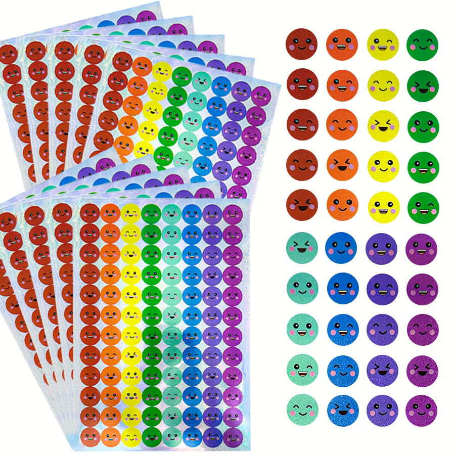 960 Stück Happy Face Aufkleber in Multicolor – Selbstklebende Smile-Belohnungssiegel aus Glitzerfolie - Bild 3