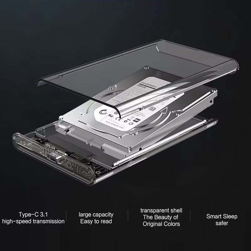 Flying Elephant Tragbare Externe 2,5 Zoll Festplattenbox in Transparent und Schwarz mit USB 3.1 3.0 2.0 Hochgeschwindigkeits-Übertragung - Bild 5