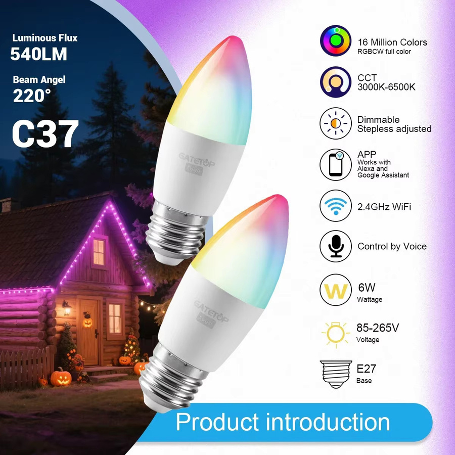 Tuya Smart LED Glühbirne E27 RGBWW mit WiFi und Bluetooth, 6W, Sprachsteuerung über Alexa und Google Assistant, Multicolour - Bild 2