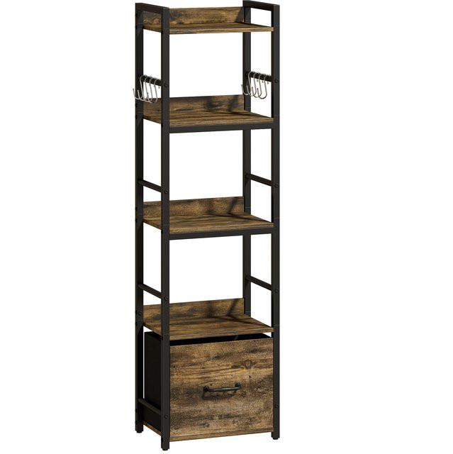 HOMCOM Bücherregal mit 4 Ebenen, schmales Aufbewahrungsregal mit Schublade und 8 Haken, Metallrahmen und MDF, modern, Farbe: Rustikabraun, B/T/H: 39 x 26 x 136,5 cm - Bild 1