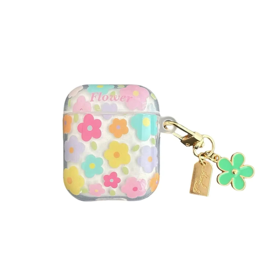 Transparente Kopfhörerhülle mit Blumenmuster in bunten Farben und Blumenanhänger für Apple AirPods 1 2 3 4 Pro Pro2 Pro3 - Bild 4