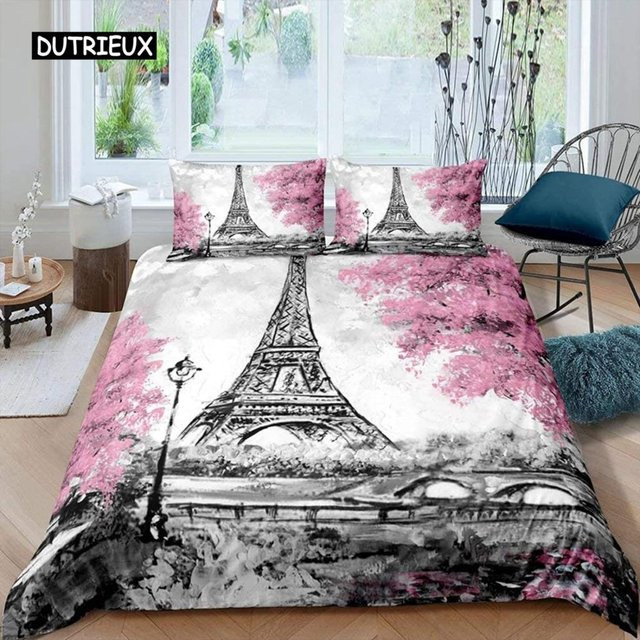 Paris-Bettwäsche-Set Binchi Outdoor Product im Vintage-Stil mit Eiffelturm und rotem Regenschirm, Mikrofaser, B/H: 140 x 210 cm - Bild 1