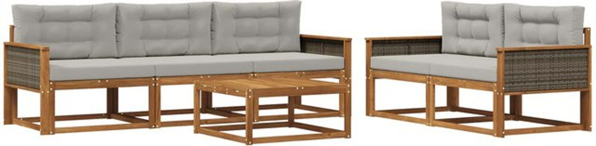 Modernes 6-teiliges Outdoor-Sofagarnitur Loungemöbel Set aus Akazie mit Kissen in Natur und Grau von vidaXL - Bild 1