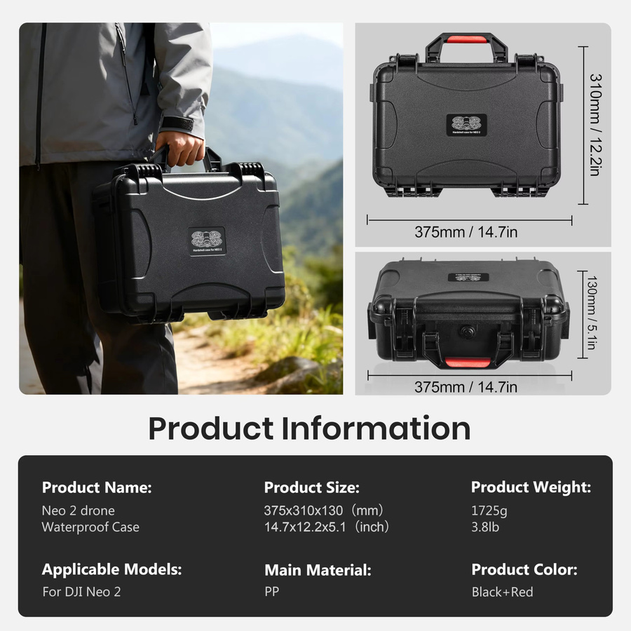 DJI Neo 2 Koffer, wasserdichter Hartschalen-Tragekoffer in Schwarz für DJI Neo 2 Fly More Combo und RC-N/RC2 Controller - Bild 4