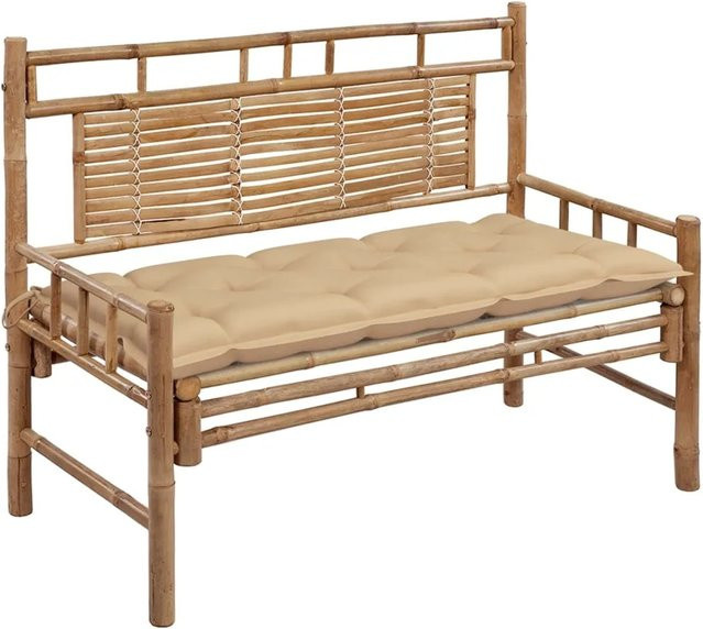 furnicato Gartenbank aus Bambus mit beigefarbenen Auflagen, Breite: 120 cm - Bild 1