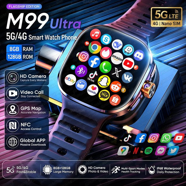GUHUAVMI Android Smartwatch mit 2,4 Zoll AMOLED-Display, 5G/4G Vollnetzwerk, GPS, WLAN, Bluetooth und unabhängiger Anruffunktion in Gold oder Schwarz - Bild 1