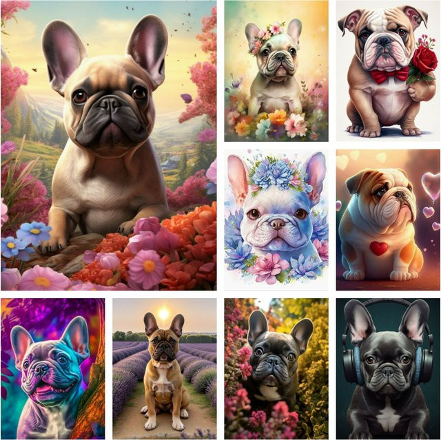 Potdemiel 5D DIY Kunst-Diamantmalerei Französische Bulldogge, Mosaik-Stickerei-Set - Bild 1