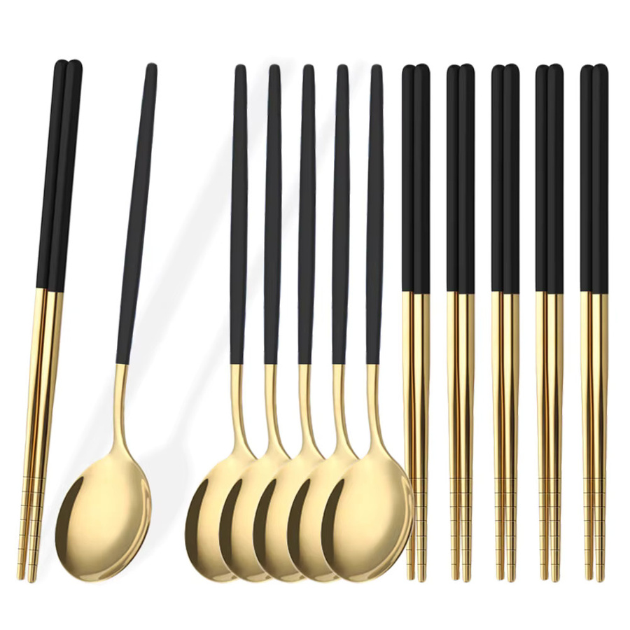 PINKTEN Besteckset aus Edelstahl in Schwarz und Gold, 12-teiliges Luxus Geschirrset mit Löffeln und Essstäbchen im koreanischen Stil - Bild 3