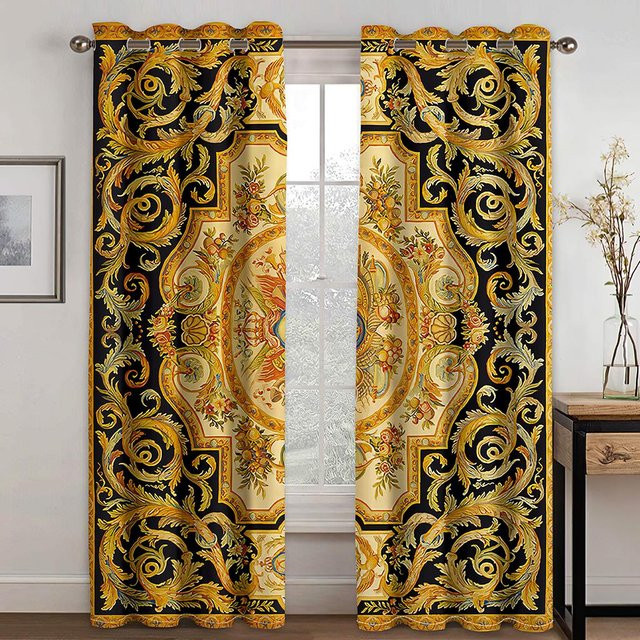 Moderne 3D Fenster Vorhänge mit Sonnenschutz in Schwarz und Gold, 2 Paneele aus Polyester mit Ösen, Breite: 100 cm, Höhe: 130 cm - Bild 1