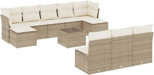 vidaXL 11-tlg. Garten-Sofagarnitur in L-Form aus Poly-Rattan mit Kissen in Beige-Creme - Bild 1