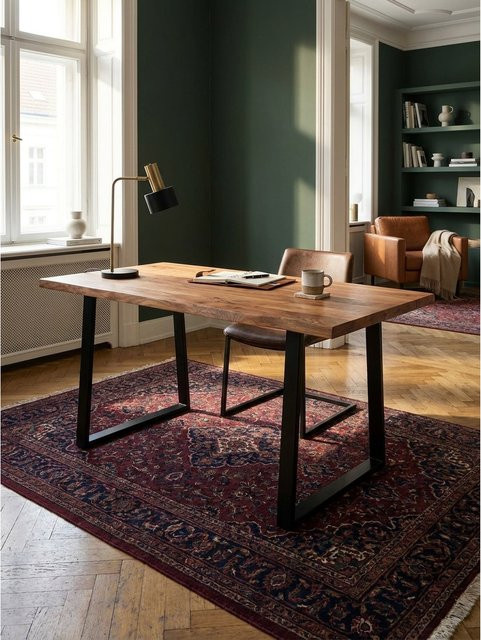 Schreibtisch aus Massivholz Akazie mit Trapezgestell von KADIMA DESIGN, Farbe Braun, B/T/H: 200 x 100 x 76 cm - Bild 1