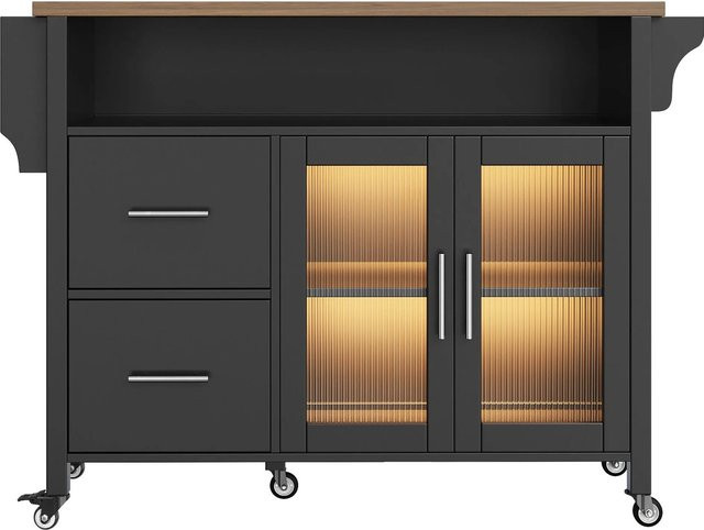 Merax Kücheninsel mit LED-Glasvitrine und Arbeitsplatte in Schwarz, B/T/H: 94,0 x 65,0 x 65,0 cm - Bild 1