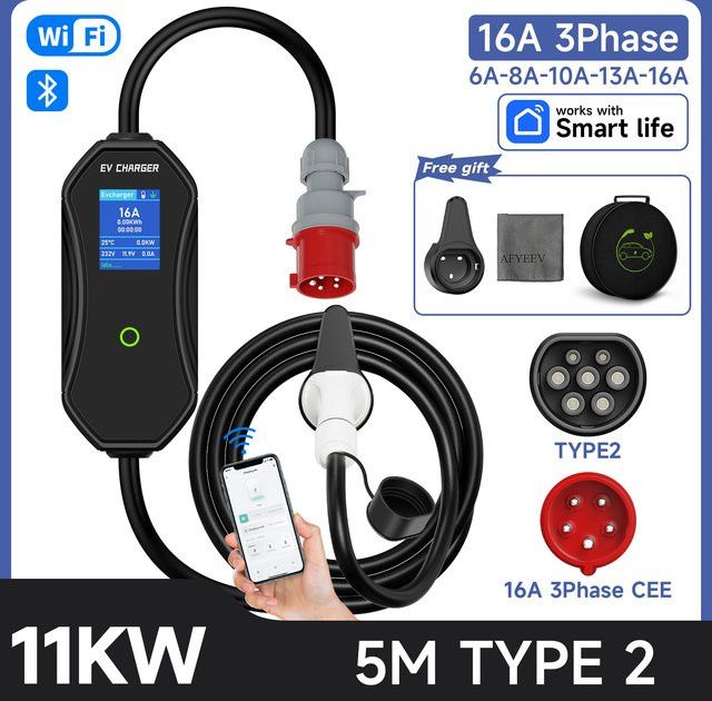 JNTAFEV Tragbares EV-Ladegerät Typ 2 für Elektroautos, 11kW, 16A, 3-Phasen, mit APP-Steuerung und Zeitsteuerung, Schwarz - Bild 1
