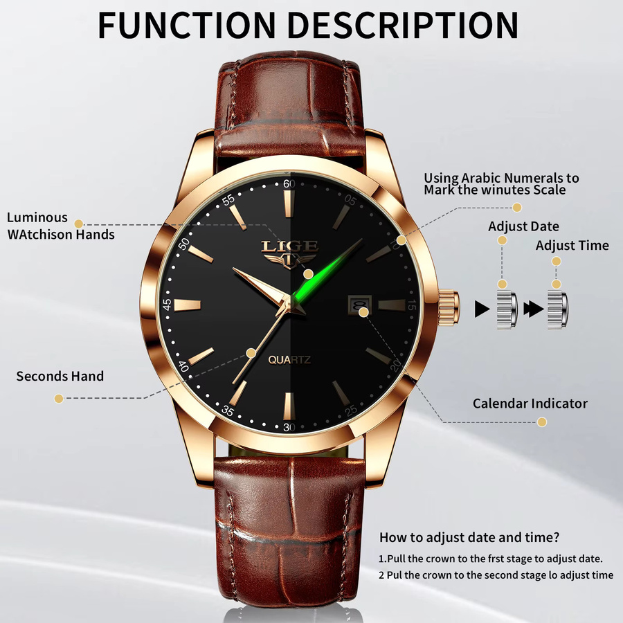 LIGE Armbanduhr Quarz, Leder, Schwarz, Gold, Herren - Bild 4