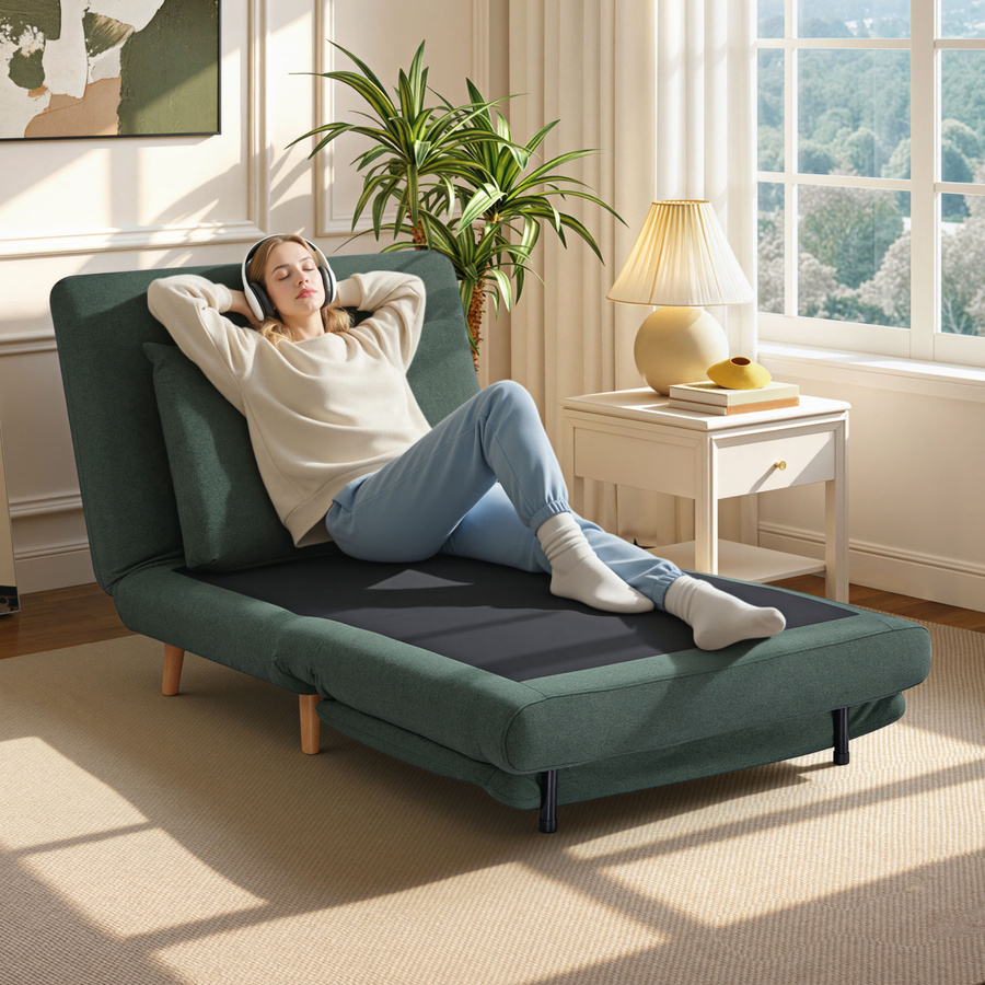 HOMCOM 3-in-1 Schlafsessel klappbar als Schlafsofa mit Bettfunktion, gepolsterter Relaxsessel in Leinenoptik mit Lendenkissen und Holzbeinen, Dunkelgrün - Bild 2