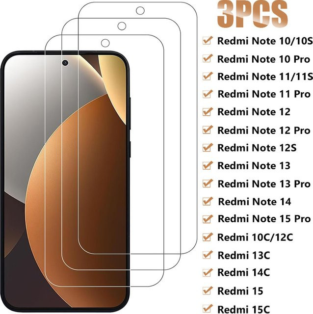 3er-Set gehärtetes Glas Displayschutzfolie für Xiaomi Redmi Note 10 11 12 13 14 15 Pro 10S 11S 5G sowie Redmi 15C 14C 13C 12C 10C in Transparent - Bild 1