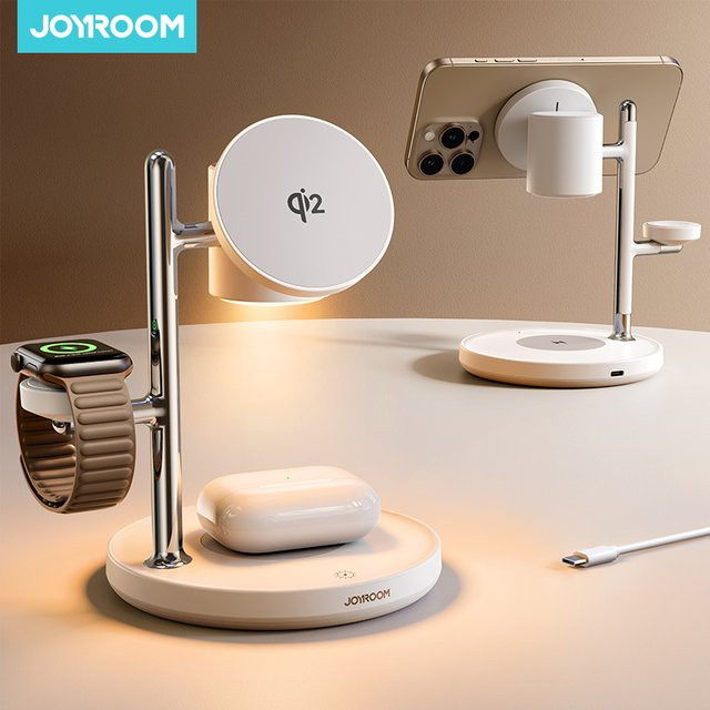 Joyroom Qi2 4-in-1 Magnetische Ladestation für iPhone 16-12 Serie, iWatch und AirPods, 15W Kabelloses Telefonladegerät, Weiß - Bild 1