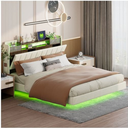 Gepolstertes Bett MUVOE in Beige mit Leinenstoff, LED-Beleuchtung und USB-Anschluss, B/T: 160 x 200 cm