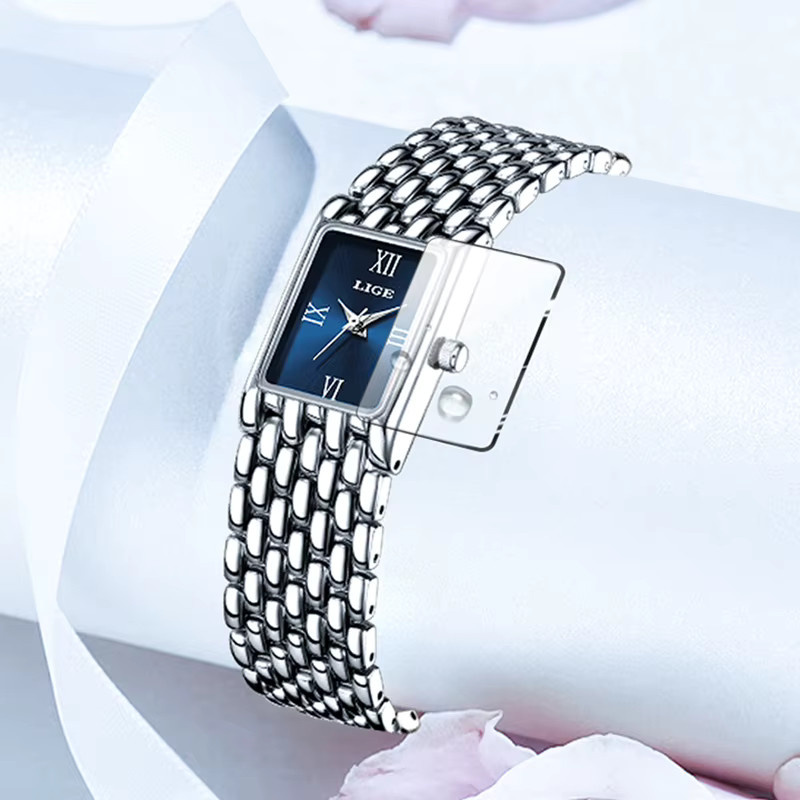 LIGE Armbanduhr Quarz, Edelstahl, Eckig, Blau, Damen - Bild 2