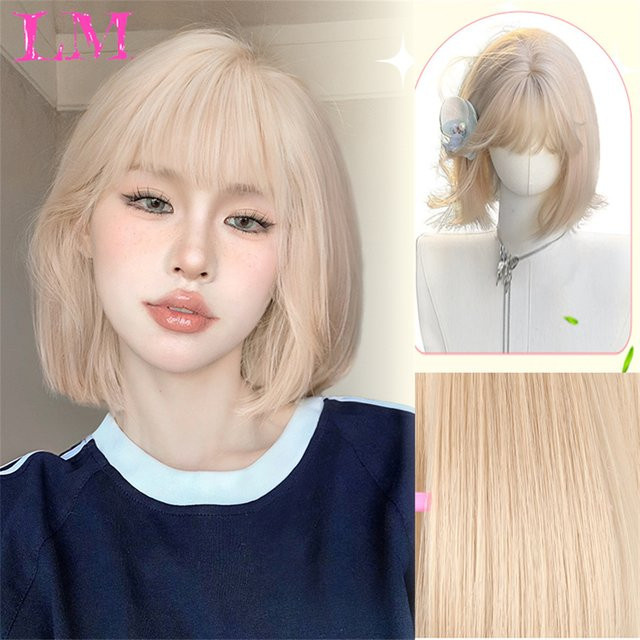 LIANGMO Synthetik-Perücke, kurzer lockiger Bob mit Pony, Platin-Gold, Damen - Bild 1
