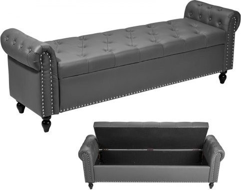 VEVOR Sitzbank Ottomane aus PU-Leder in Grau mit Stauraum, Knopfheftung und gerollten Armlehnen, B/H/T: 166 x 46 x 56 cm - Bild 1