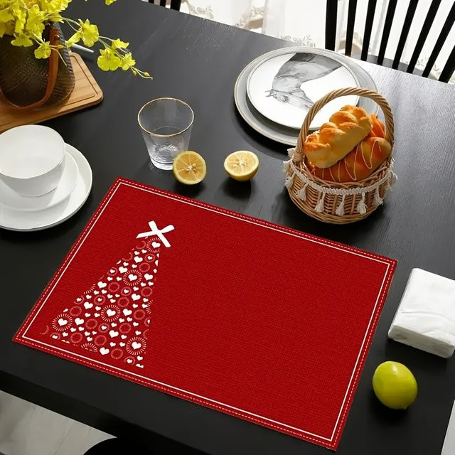 VIKAMA Weihnachts-Tischsets mit rotem Weihnachtsbaum und Schneeflocken-Design zur Tischdekoration - Bild 1