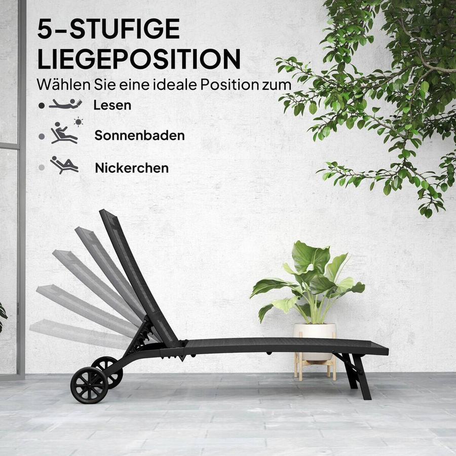Outsunny Sonnenliege aus pulverbeschichtetem Aluminium in Schwarz mit verstellbarer Kopfstütze und Rollen, B/H/L: 165 x 102 x 66 cm - Bild 3