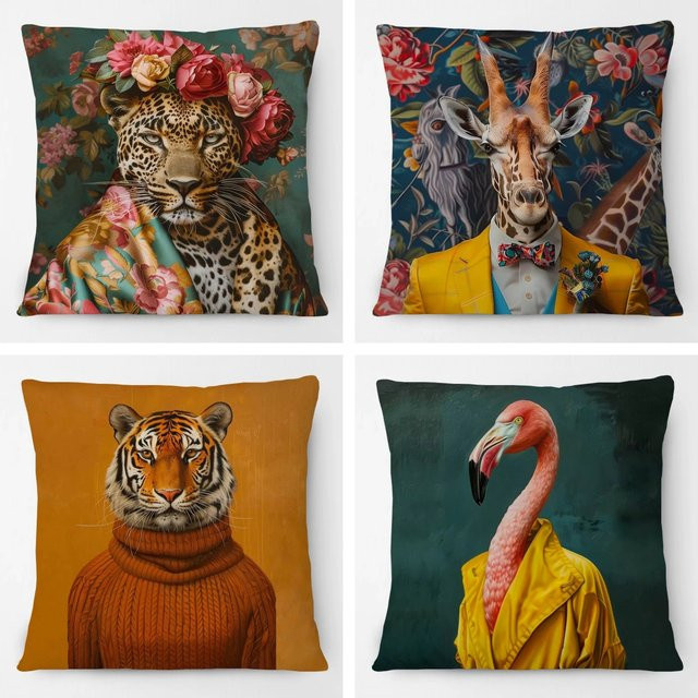 Eleganter Kissenbezug mit Tierporträt von Giraffe, Flamingo und Leopard in Mehrfarbig, quadratisch, 45 x 45 cm - Bild 1