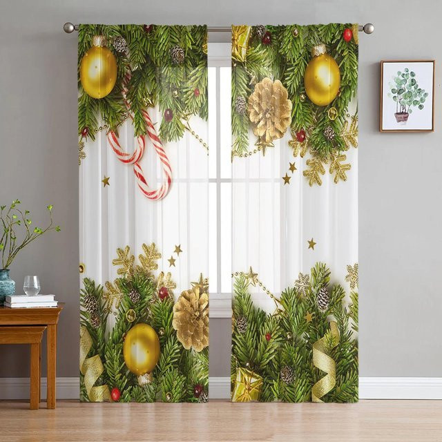 Transparente Weihnachts-Tüll-Voile-Vorhänge mit Kiefernadel-Motiv in Weiß, Breite: 135 cm, Höhe: 115 cm - Bild 1