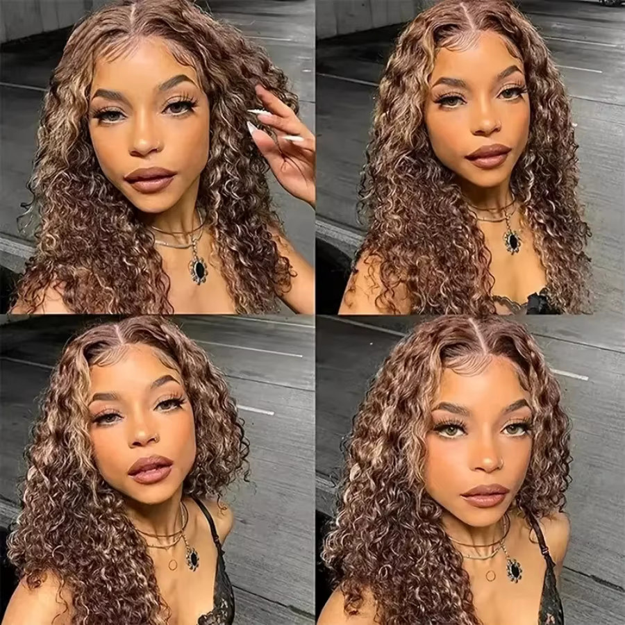 Doralia Bob Perücke, Deep Curly Highlight 4/27, 16 Zoll, 100 % Echthaar, HD Lace Frontal - Bild 4